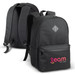A black backpack featuring a branding logo, with padded shoulder straps and front pocket.