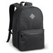A black backpack with a smooth finish, featuring a front pocket and a logo on the front.