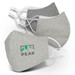 A set of linen face masks in grey tones, featuring white ear straps and a logo on one mask.