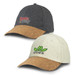 Two six-panel caps are displayed, one in dark grey and the other in light beige, both featuring cork brims and logos. Two six-panel caps are displayed, one in dark grey and the other in light beige, both featuring cork brims and logos.