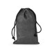 A black drawstring bag made from fabric, featuring adjustable black cords for closure.