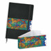 A black unlined notebook with a colourful, patterned band featuring the words "Have a great weekend" and an accompanying box. A black unlined notebook with a colourful, patterned band featuring the words "Have a great weekend" and an accompanying box.