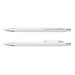 A set of white metal pens, featuring a sleek design with chrome accents and one with textured grip.