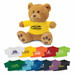 A plush teddy bear in brown, wearing a yellow t-shirt with a logo, alongside various coloured t-shirts for customization. A plush teddy bear in brown, wearing a yellow t-shirt with a logo, alongside various coloured t-shirts for customization.