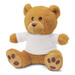 A plush teddy bear in a light brown colour, wearing a plain white t-shirt, with soft features and paw prints. A plush teddy bear in a light brown colour, wearing a plain white t-shirt, with soft features and paw prints.