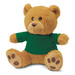 A brown teddy bear plush toy wearing a green shirt, featuring a soft texture and paw print details. A brown teddy bear plush toy wearing a green shirt, featuring a soft texture and paw print details.