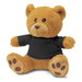 A plush teddy bear in light brown with a black t-shirt and stitched facial features, featuring a logo on the shirt.
