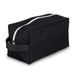 A black toiletry bag featuring a sturdy zipper and a side handle for easy carrying.