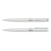 A silver and white metal pen set featuring a sleek design and a clip. Includes one capped and one retractable pen. A silver and white metal pen set featuring a sleek design and a clip. Includes one capped and one retractable pen.