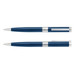A blue metal pen set with silver accents, featuring a sleek and elegant design. A blue metal pen set with silver accents, featuring a sleek and elegant design.