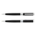 A black metal pen set with silver accents, featuring a sleek design and a logo on the body. A black metal pen set with silver accents, featuring a sleek design and a logo on the body.