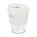 A drink bottle in white and clear, featuring a sleek design and a lid. It has a logo on the surface.