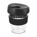 A drink bottle featuring a clear body, a black silicone grip, and a black lid. It has a logo on the side.