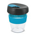 A drink bottle with a clear body, black lid, and a turquoise silicone band. It has a logo on the side. A drink bottle with a clear body, black lid, and a turquoise silicone band. It has a logo on the side.