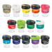 A collection of various drink bottles in different colours, with silicone lids and bands, featuring multiple logos. A collection of various drink bottles in different colours, with silicone lids and bands, featuring multiple logos.
