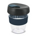 A drink bottle featuring a clear body with a black lid and a navy silicone grip. It has a logo on the side.