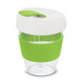 A reusable coffee cup with a clear body, white lid, and green silicone band and top. It has a logo on the side.