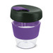 A reusable coffee cup in clear plastic, featuring a purple silicone sleeve and a black lid. It has a logo.