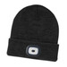 A headlamp beanie in dark grey with a built-in LED light on the front. A headlamp beanie in dark grey with a built-in LED light on the front.