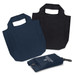 A navy blue and black foldable reusable grocery bag, accompanied by a compact carrying pouch with a logo. A navy blue and black foldable reusable grocery bag, accompanied by a compact carrying pouch with a logo.