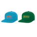 Two flat peak caps: one in blue with a logo and one in green with a different logo. Two flat peak caps: one in blue with a logo and one in green with a different logo.