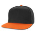 A flat peak cap in black with an orange brim and button on top, designed for casual wear. A flat peak cap in black with an orange brim and button on top, designed for casual wear.