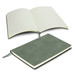A soft cover notebook in green, open to reveal lined pages and a ribbon bookmark. Branding is present on the cover. A soft cover notebook in green, open to reveal lined pages and a ribbon bookmark. Branding is present on the cover.
