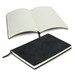 A black soft cover notebook opened to reveal lined pages, with a placeholder ribbon and a logo on the cover. A black soft cover notebook opened to reveal lined pages, with a placeholder ribbon and a logo on the cover.