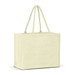 A light green jute tote bag with two handles and a minimalist design. It features a branding logo.