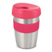 A drink bottle featuring a stainless steel body with a pink silicone band and matching lid. It has a logo. A drink bottle featuring a stainless steel body with a pink silicone band and matching lid. It has a logo.