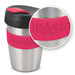 A drink bottle featuring a stainless steel body, pink silicone band, and a black lid. It also includes a logo. A drink bottle featuring a stainless steel body, pink silicone band, and a black lid. It also includes a logo.