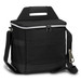 A black cooler bag with a zippered top, a carry handle, and a detachable shoulder strap. It features a logo on the front. A black cooler bag with a zippered top, a carry handle, and a detachable shoulder strap. It features a logo on the front.