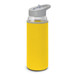 A drink bottle with a clear glass body and a yellow neoprene sleeve, featuring a grey lid and spout. A drink bottle with a clear glass body and a yellow neoprene sleeve, featuring a grey lid and spout.