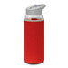A drink bottle with a clear glass body, grey cap, and a vibrant red neoprene sleeve. It has a logo on the sleeve.