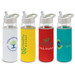 A drink bottle with a clear glass body and colourful neoprene sleeves in white, yellow, red, and teal. Each has a logo. A drink bottle with a clear glass body and colourful neoprene sleeves in white, yellow, red, and teal. Each has a logo.