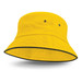 A yellow bucket hat with black sandwich trim and ventilation eyelets. It has a wide brim for sun protection. A yellow bucket hat with black sandwich trim and ventilation eyelets. It has a wide brim for sun protection.