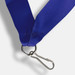 A blue ribbon lanyard with a silver clip and ring attachment. A blue ribbon lanyard with a silver clip and ring attachment.