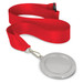 A silver podium medal with a plain centre, attached to a red satin ribbon.