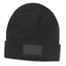 A black beanie featuring a blank patch for customization. The beanie has a cuffed design and a textured knit. A black beanie featuring a blank patch for customization. The beanie has a cuffed design and a textured knit.