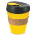 A drink bottle with a yellow body, black lid, and a cork band around the middle. It features a logo. A drink bottle with a yellow body, black lid, and a cork band around the middle. It features a logo.