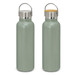 A drink bottle in matte green with a stainless steel cap and a wooden top, featuring a logo. A drink bottle in matte green with a stainless steel cap and a wooden top, featuring a logo.