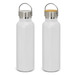 A drink bottle featuring a sleek white powder-coated finish, stainless steel cap, and a bamboo top. A drink bottle featuring a sleek white powder-coated finish, stainless steel cap, and a bamboo top.