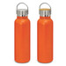 A drink bottle featuring a vibrant orange powder-coated exterior and a stainless steel lid with a wooden cap. A drink bottle featuring a vibrant orange powder-coated exterior and a stainless steel lid with a wooden cap.