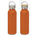 A drink bottle in a vibrant orange finish with a stainless steel lid and a bamboo top. It features a logo. A drink bottle in a vibrant orange finish with a stainless steel lid and a bamboo top. It features a logo.