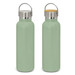 A drink bottle in a soft mint green colour with a stainless steel lid and a wooden top. Features a logo. A drink bottle in a soft mint green colour with a stainless steel lid and a wooden top. Features a logo.