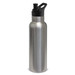 A drink bottle in stainless steel with a black spout and handle, featuring a logo on the side. A drink bottle in stainless steel with a black spout and handle, featuring a logo on the side.
