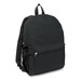 A black backpack with a front pocket, side mesh pocket, and adjustable straps. Includes a logo on the front.