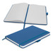 A blue notebook featuring blank lined pages, an elastic closure, and a bookmark ribbon. Contains branding.
