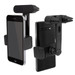 A black car phone holder featuring adjustable grips for different phone sizes and a mount for easy attachment.