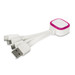 A charging cable with a white body and pink accents, featuring multiple connectors for various devices. A charging cable with a white body and pink accents, featuring multiple connectors for various devices.